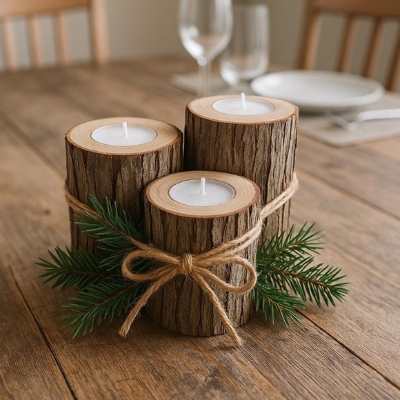 Other - Rustic Brown Log Candle Holders - set of 3
